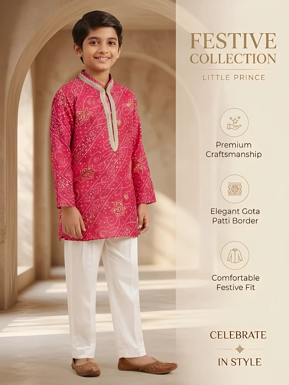 Rani Bandhani Print Kurta Pajama Set for Boys