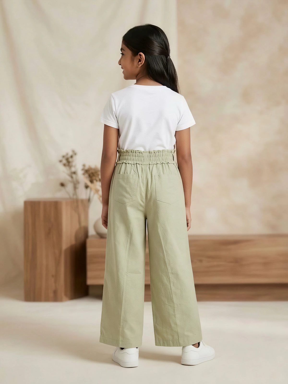 Girls Sage Green High-Waist Wide-Leg Casual Pants