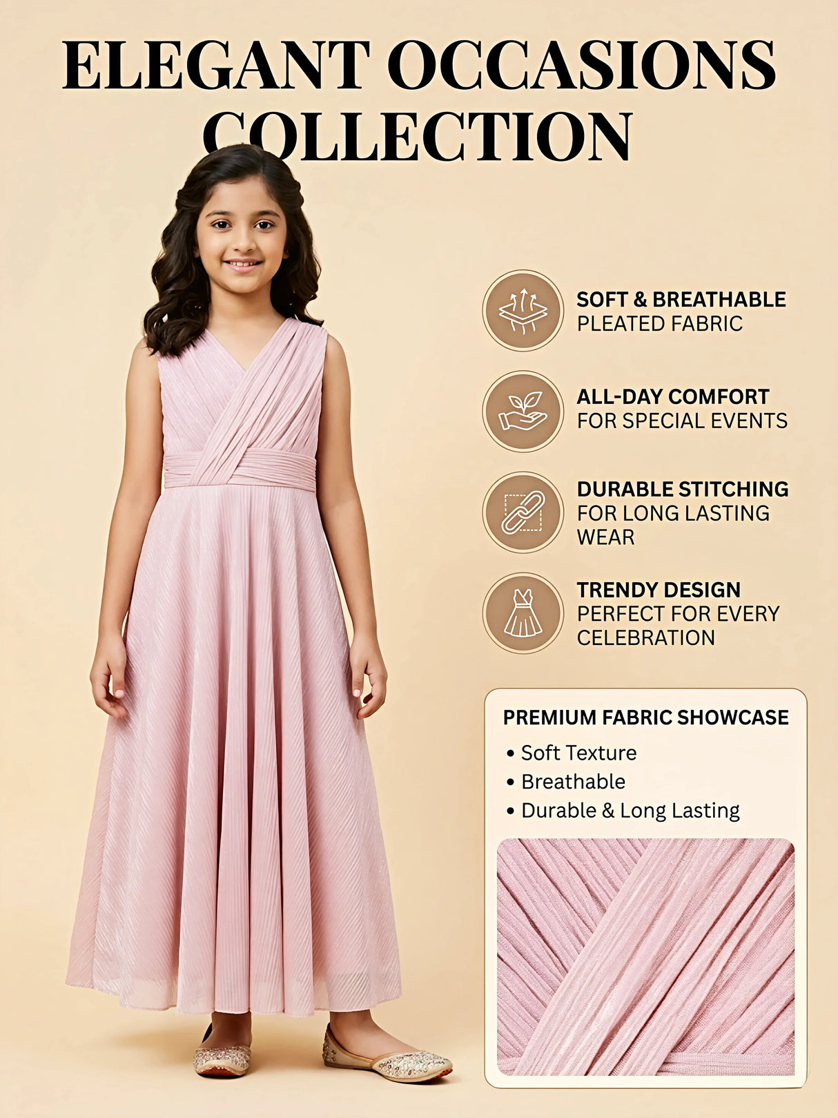 Girls Elegant Shimmer Pink Floor-Length Gown