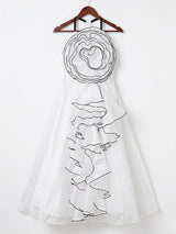 Elegant White Floral Organza Gown with Contrast Piping