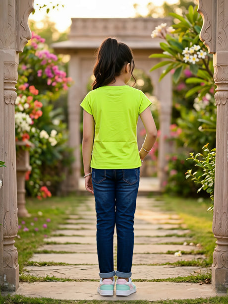 Girls Lime Green Floral Graphic Print T-Shirt.
