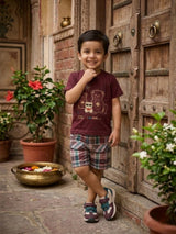 Boys Maroon Bear Graphic T-Shirt & Plaid Shorts Set