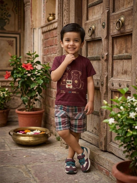 Boys Maroon Bear Graphic T-Shirt & Plaid Shorts Set