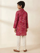 Red Bandhani Print Kurta Pajama Set for Boys