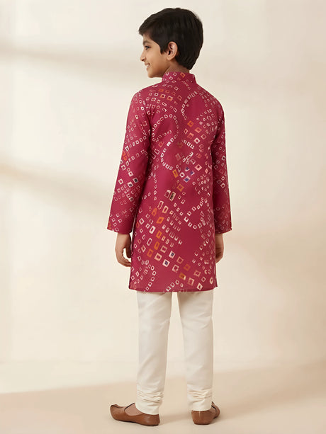 Red Bandhani Print Kurta Pajama Set for Boys