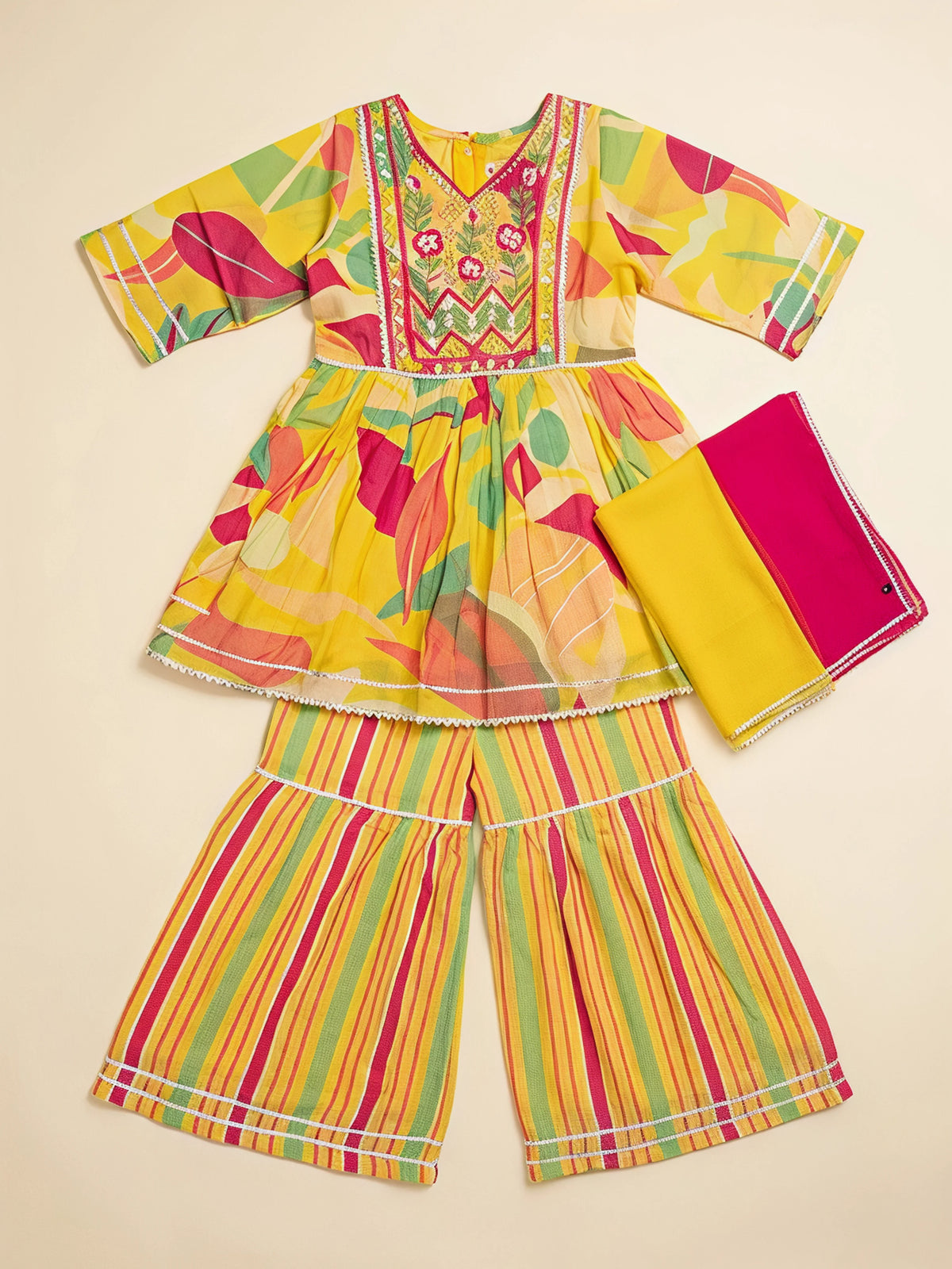 Girls Yellow Printed Floral Sharara Set.