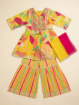 Girls Yellow Printed Floral Sharara Set.