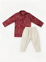 Red Bandhani Print Kurta Pajama Set for Boys