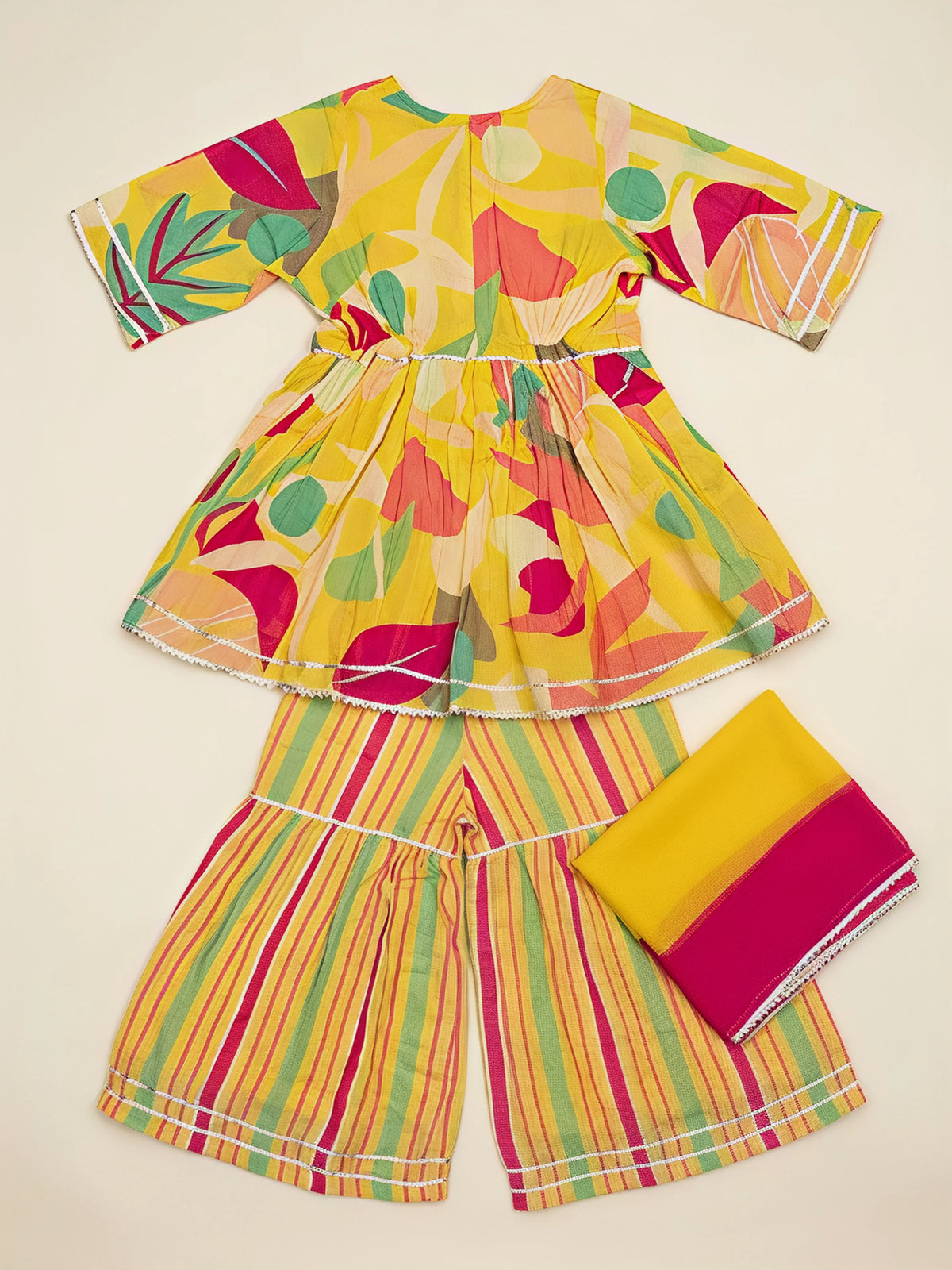 Girls Yellow Printed Floral Sharara Set.