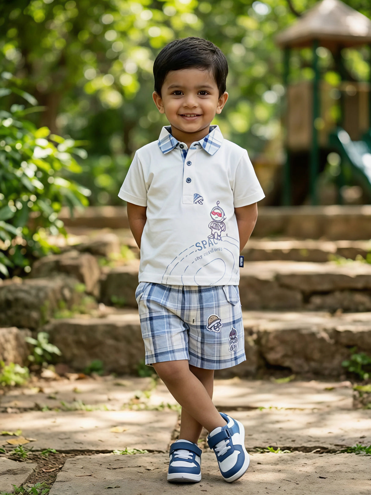 Boys Brown Space Explorer Polo & Plaid Shorts Coordinate Set
