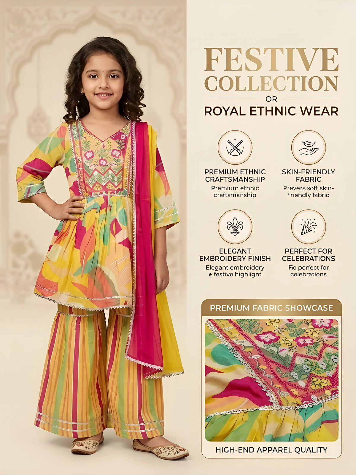 Girls Yellow Printed Floral Sharara Set.