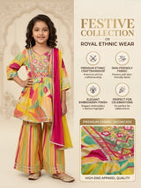 Girls Yellow Printed Floral Sharara Set.