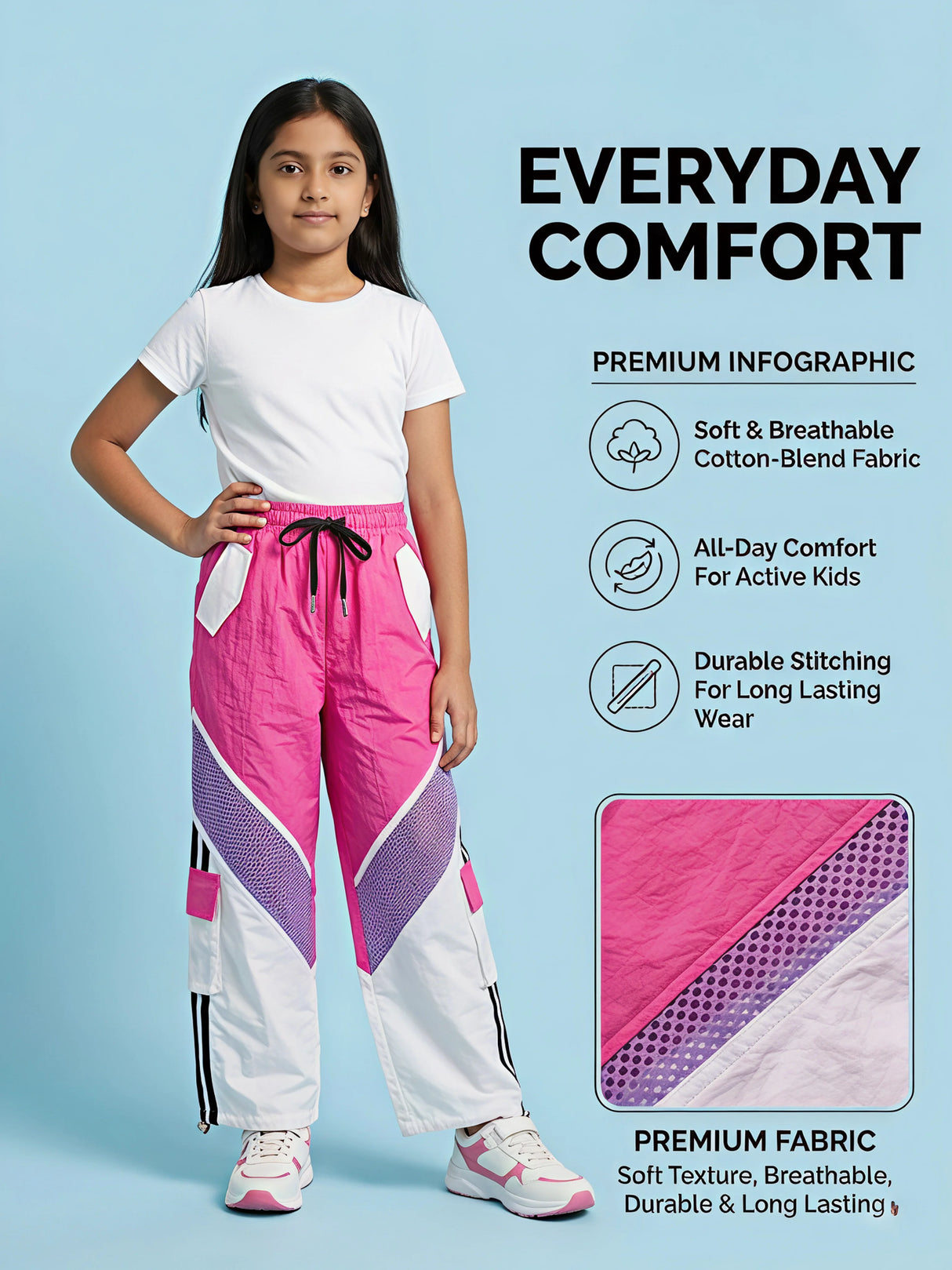 Girls Rani Pink & White Colorblock Mesh Trackpants
