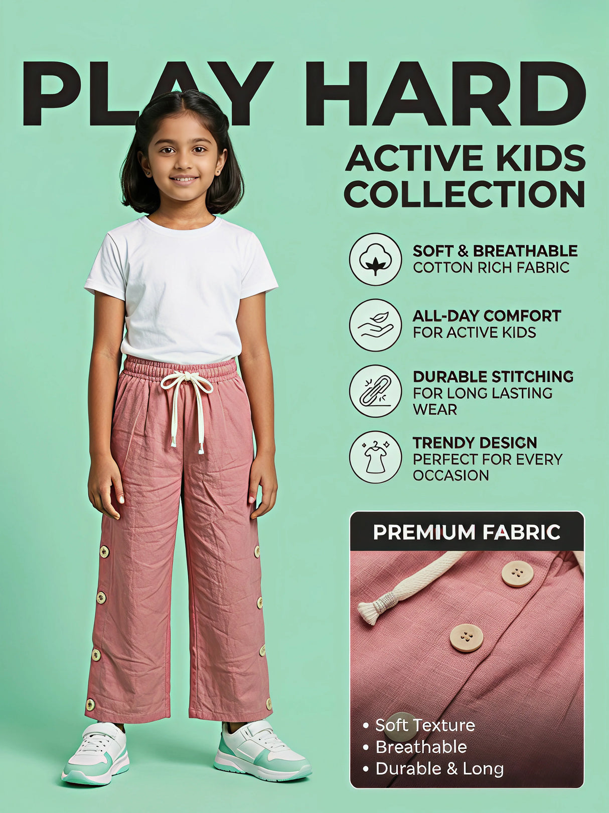 Girls Peach Wide Leg Trackpants with Button Detail