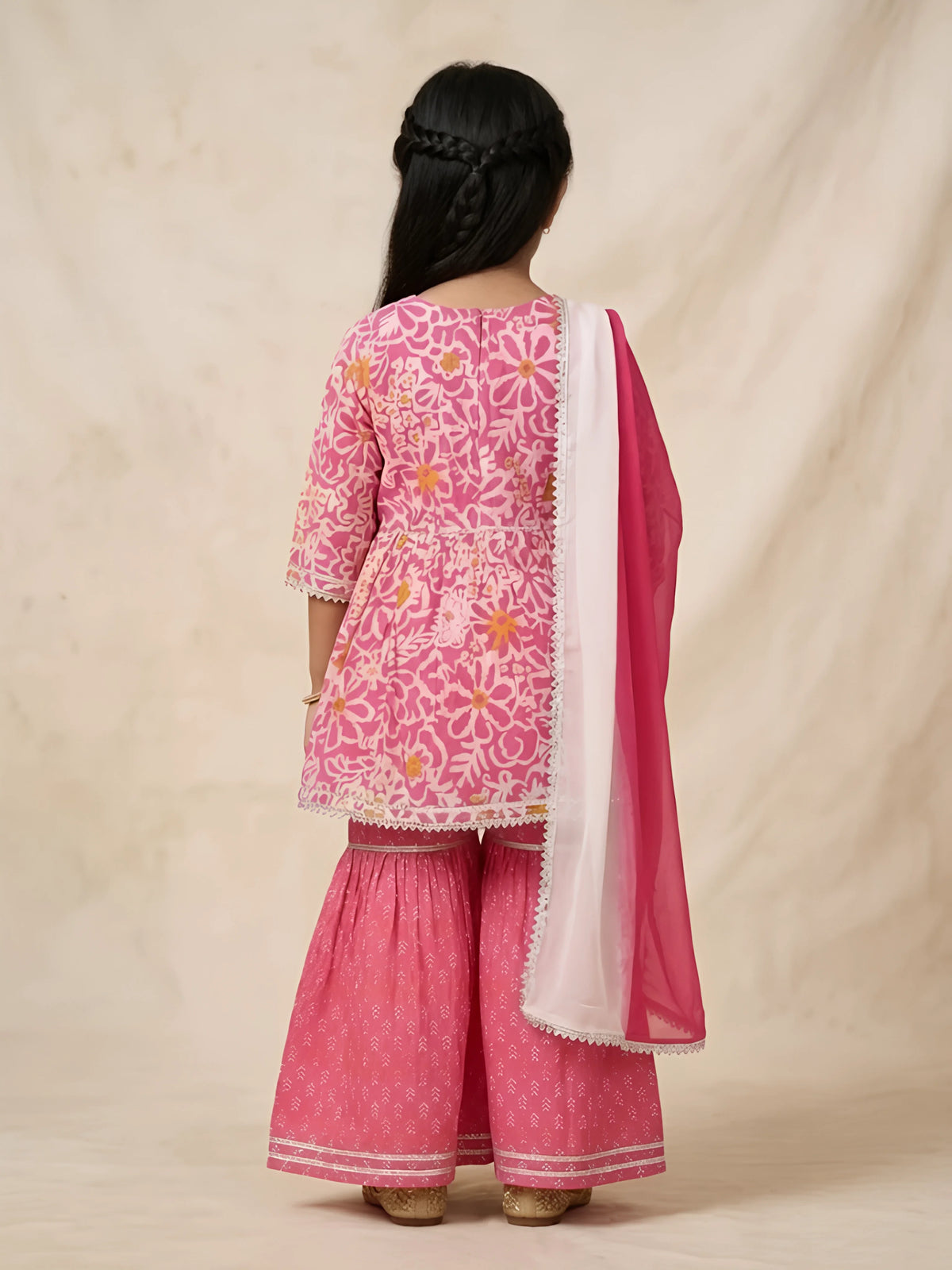 Girls Pink Floral Printed Kurta Sharara Set.
