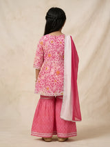 Girls Pink Floral Printed Kurta Sharara Set.