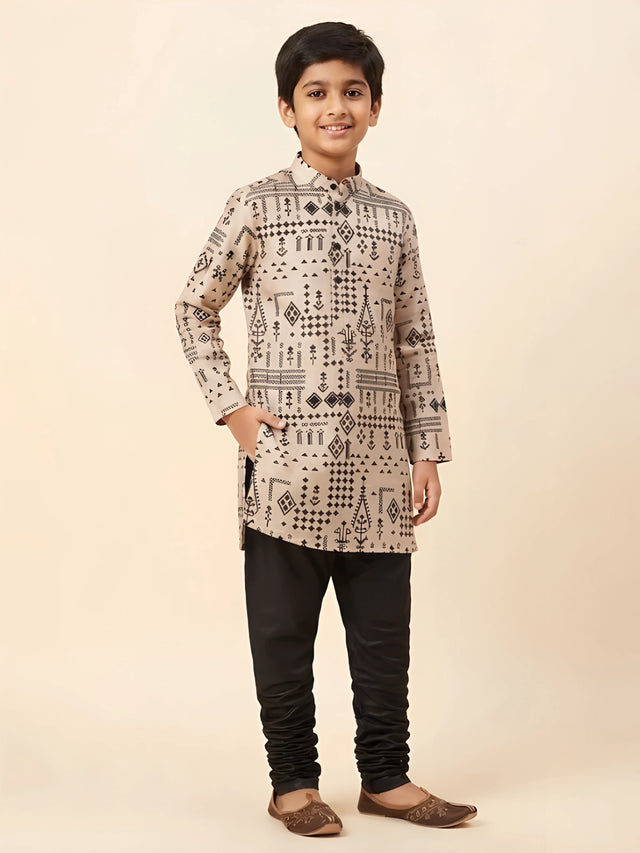 Boys black geometric print kurta pajama set for festive wear.