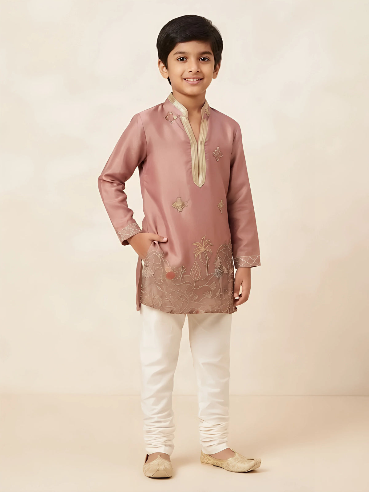 Boy's purple embroidered kurta pajama set with gold zari work and white pants