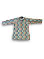 Boys' long-sleeved kurta with a colorful geometric print in teal and orange, paired with plain cream or white elastic-waist pyjama pants.

Export to Sheets