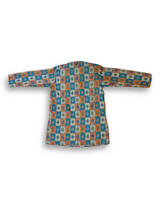 Boys' long-sleeved kurta with a colorful geometric print in teal and orange, paired with plain cream or white elastic-waist pyjama pants.

Export to Sheets