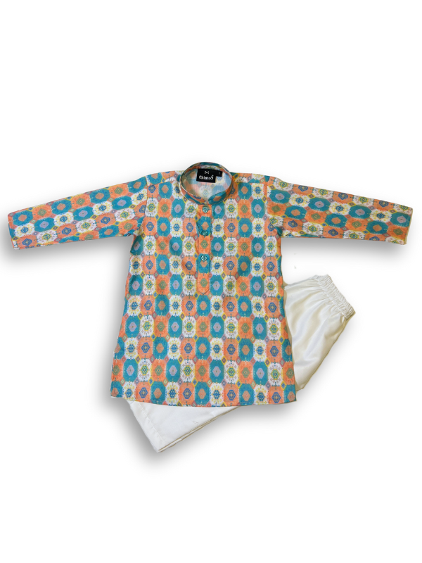 Boys' long-sleeved kurta with a colorful geometric print in teal and orange, paired with plain cream or white elastic-waist pyjama pants.

Export to Sheets