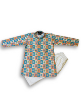 Boys' long-sleeved kurta with a colorful geometric print in teal and orange, paired with plain cream or white elastic-waist pyjama pants.

Export to Sheets