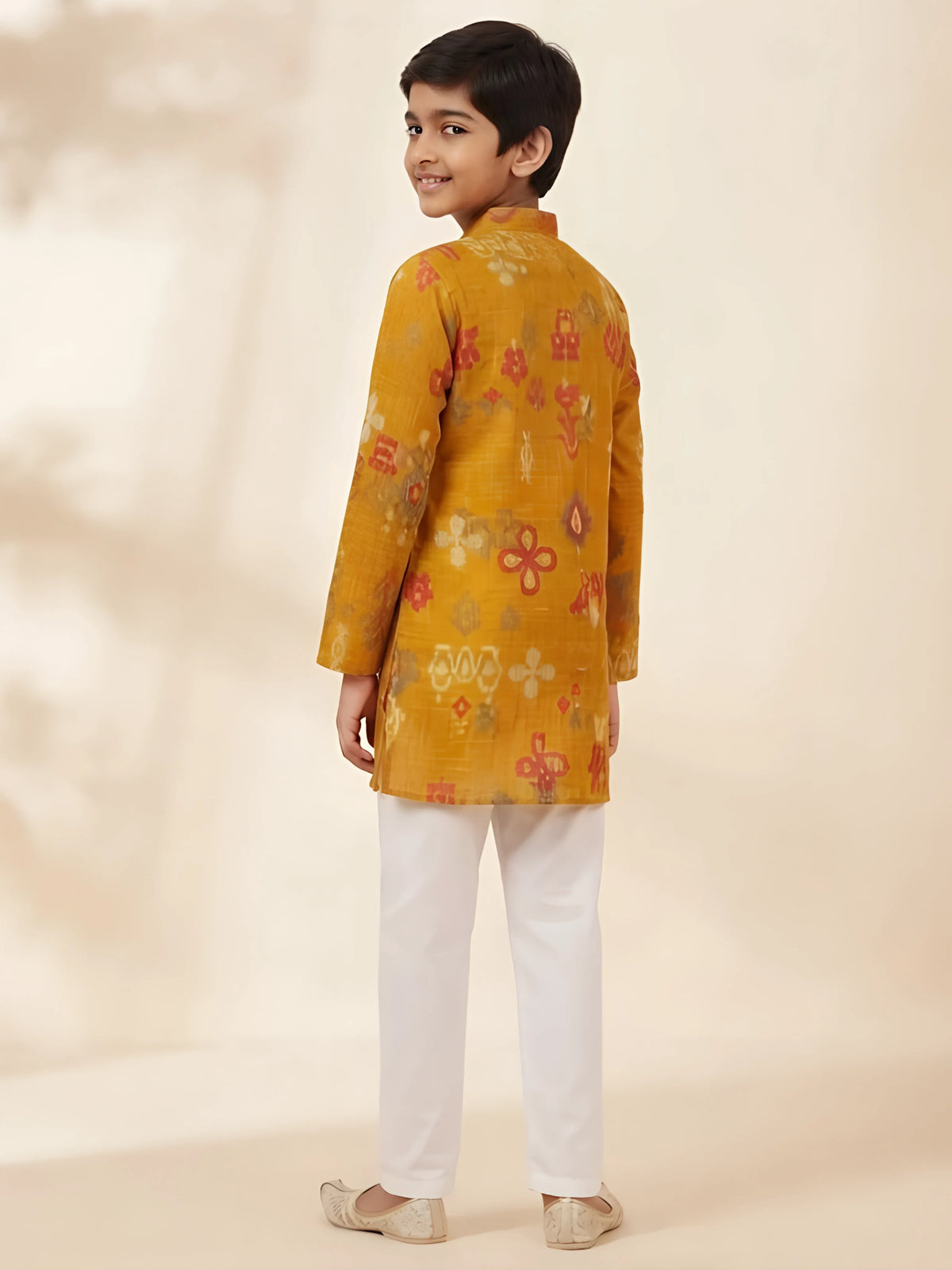 Yellow Ikat Print Kurta Pajama Set for Boys