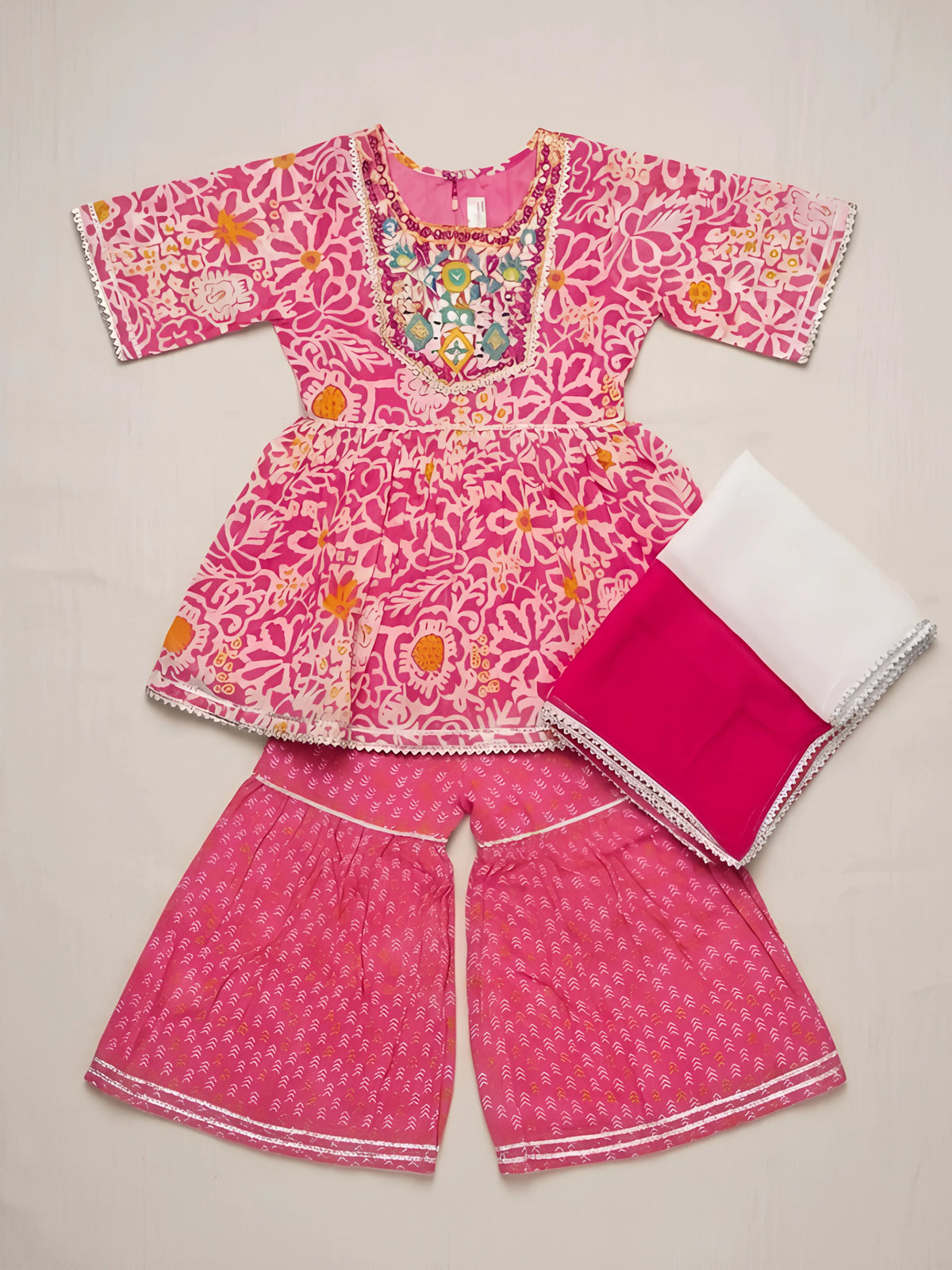 Girls Pink Floral Printed Kurta Sharara Set.