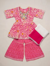 Girls Pink Floral Printed Kurta Sharara Set.