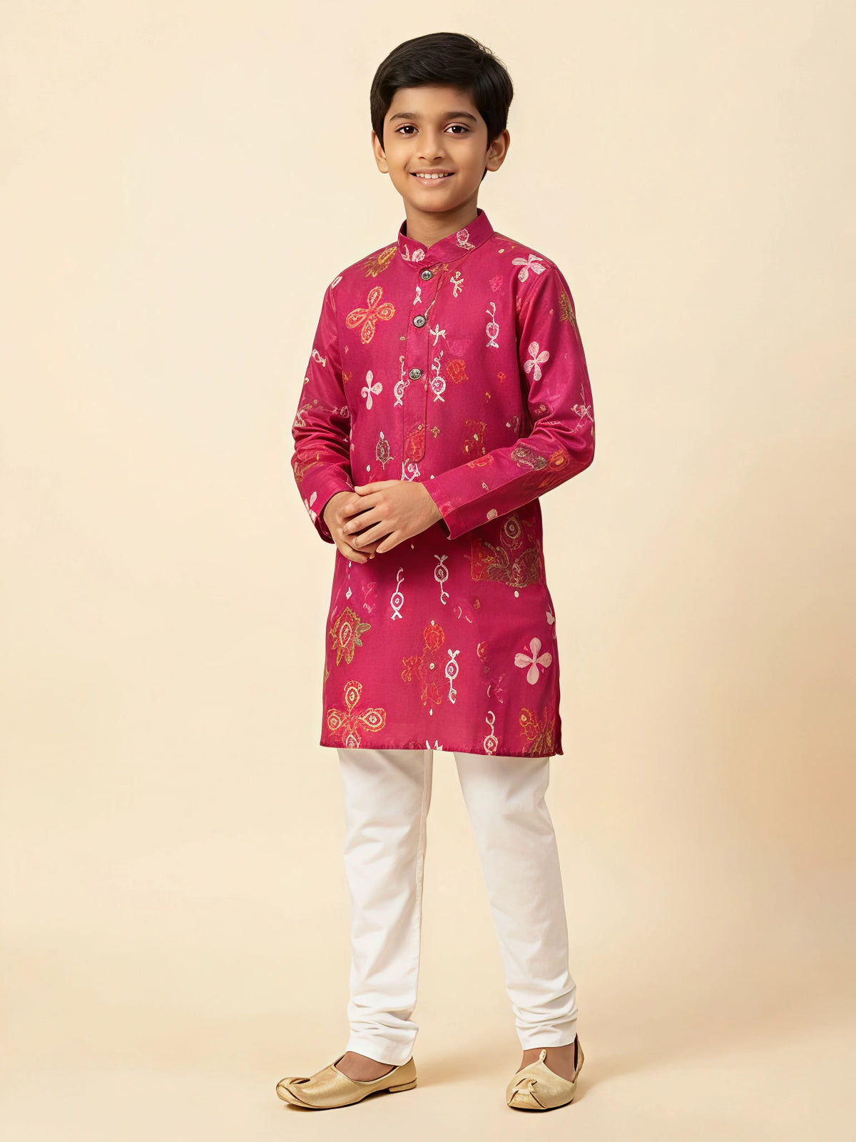 Rani pink ethnic print kurta with white pajama set for boys.