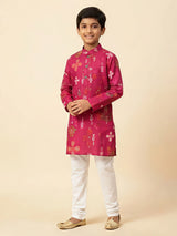 Rani pink ethnic print kurta with white pajama set for boys.