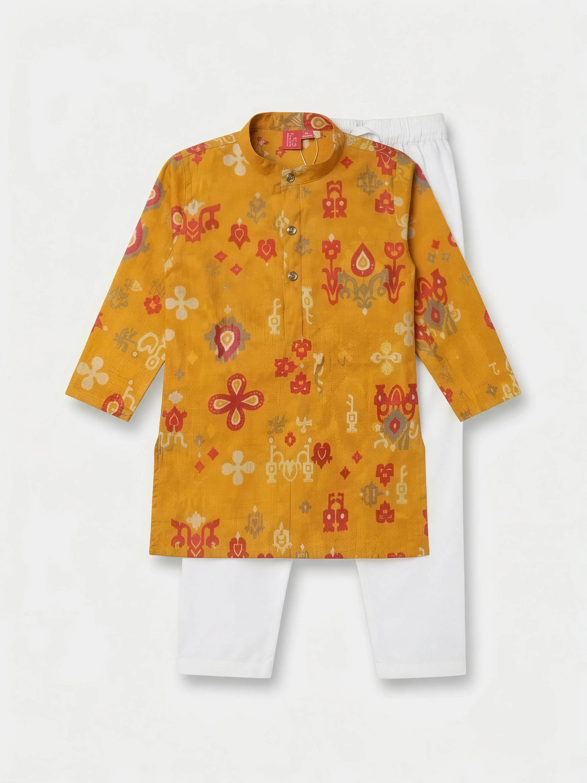 Yellow Ikat Print Kurta Pajama Set for Boys