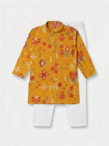 Yellow Ikat Print Kurta Pajama Set for Boys