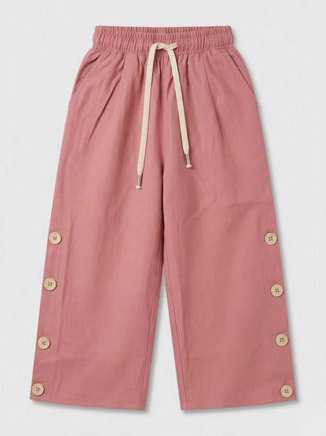 Girls Peach Wide Leg Trackpants with Button Detail