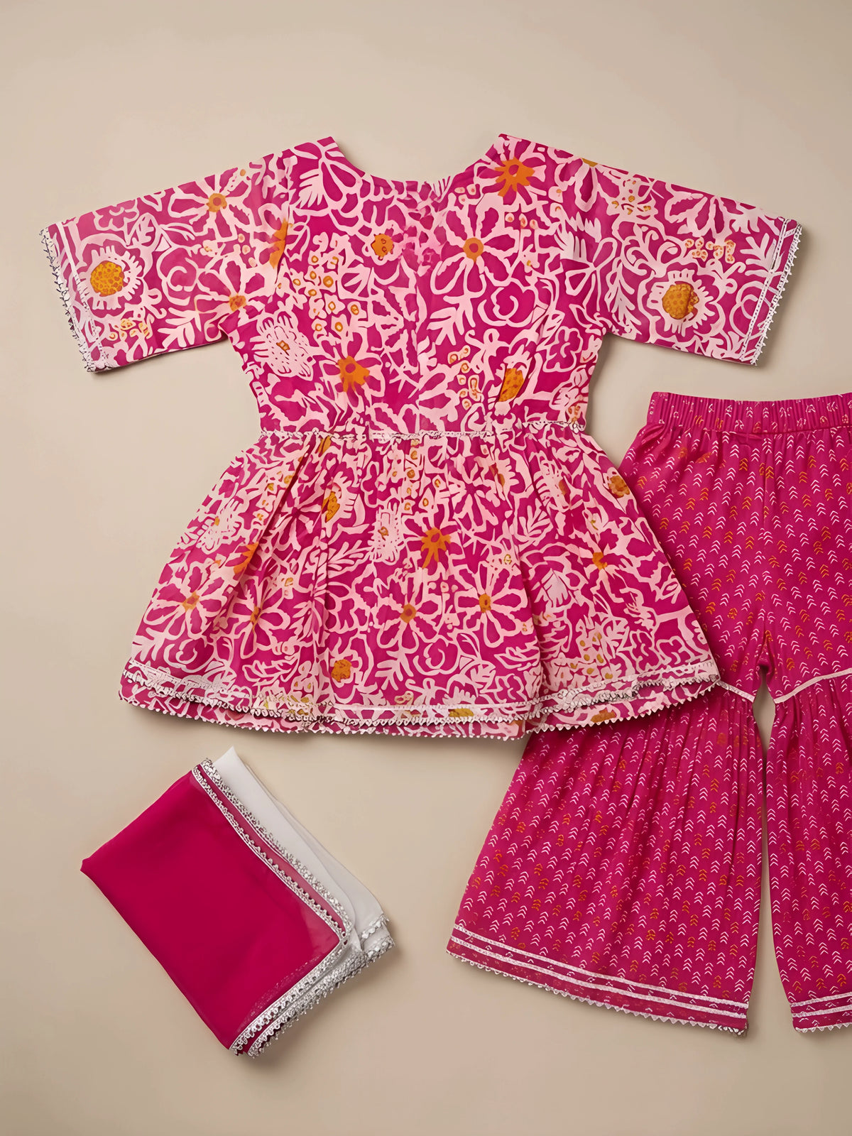 Girls Pink Floral Printed Kurta Sharara Set.