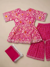 Girls Pink Floral Printed Kurta Sharara Set.