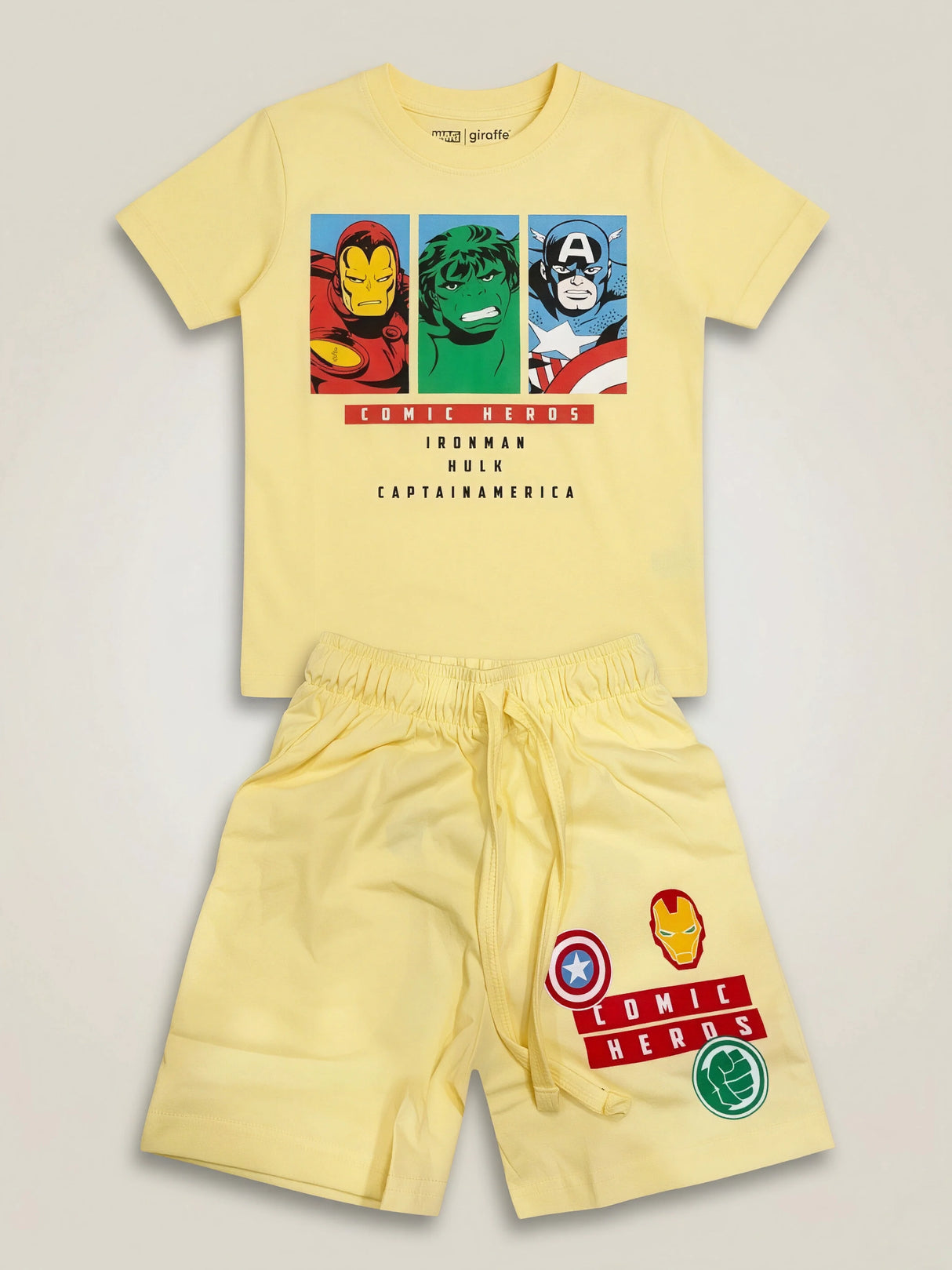 Boys Yellow Marvel Avengers Graphic Tee & Shorts Co-ord Set
