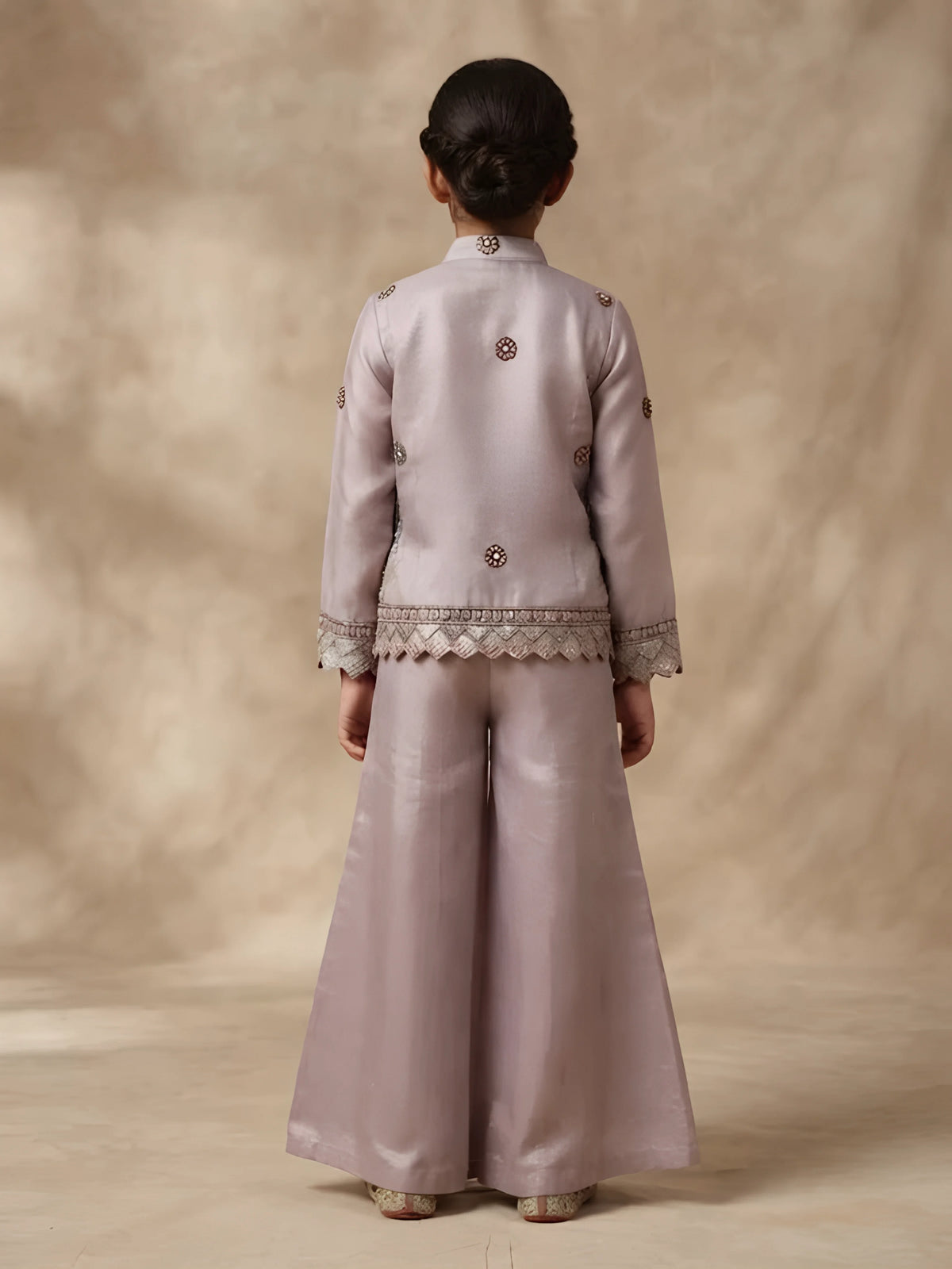 Purple Embroidered Plazzo Set with Jacket for Girls