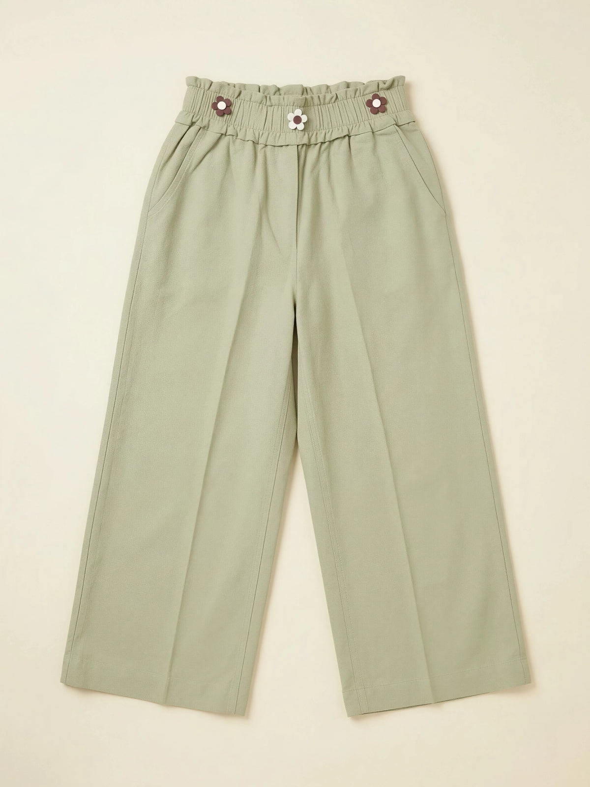 Girls Sage Green High-Waist Wide-Leg Casual Pants
