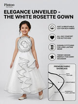Elegant White Floral Organza Gown with Contrast Piping