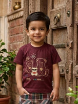 Boys Maroon Bear Graphic T-Shirt & Plaid Shorts Set