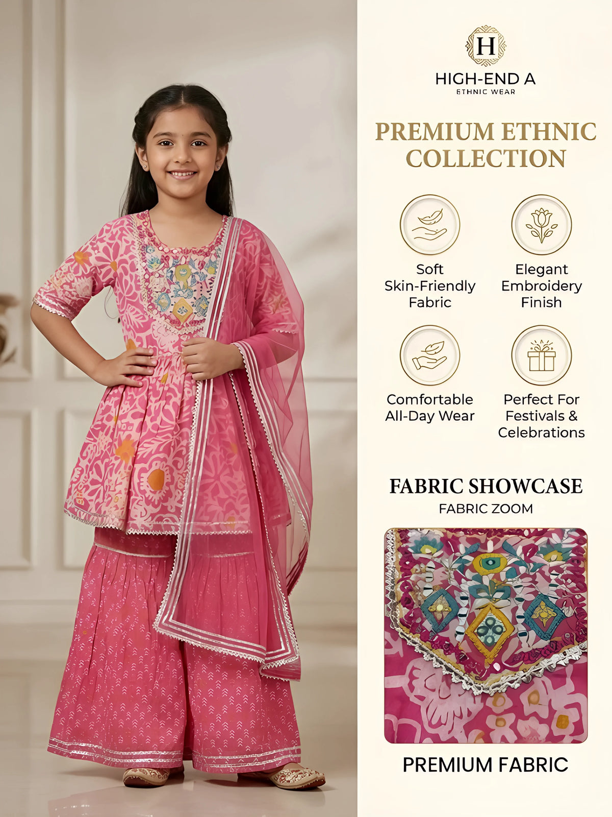 Girls Pink Floral Printed Kurta Sharara Set.