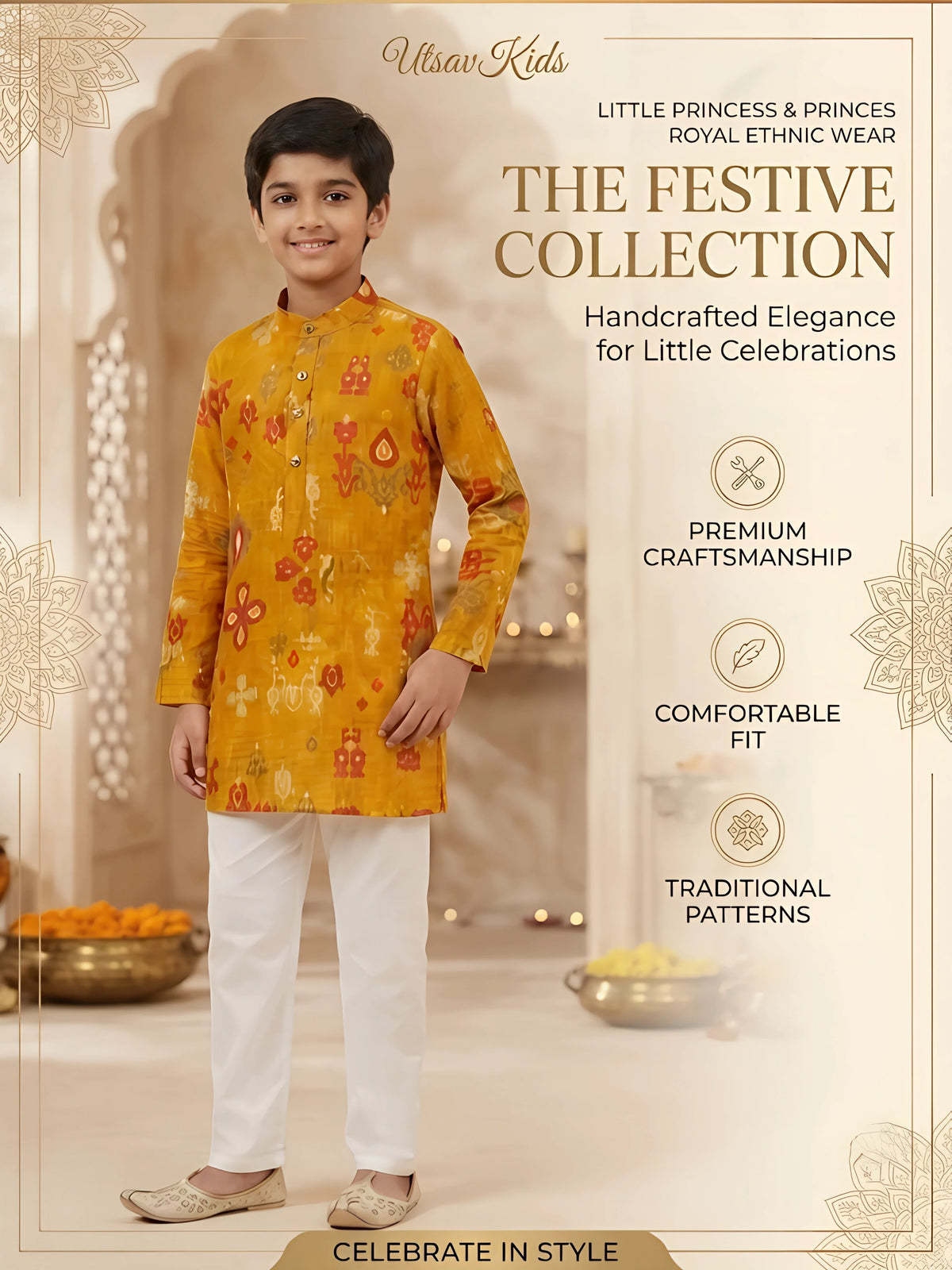 Yellow Ikat Print Kurta Pajama Set for Boys