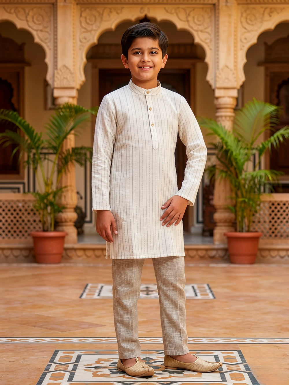 Boys Elegant Light Brown Striped Kurta with Textured Pajama Set
