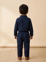 Navy Blue Solid Boys Coordinate Set with Polo Branding Kids
