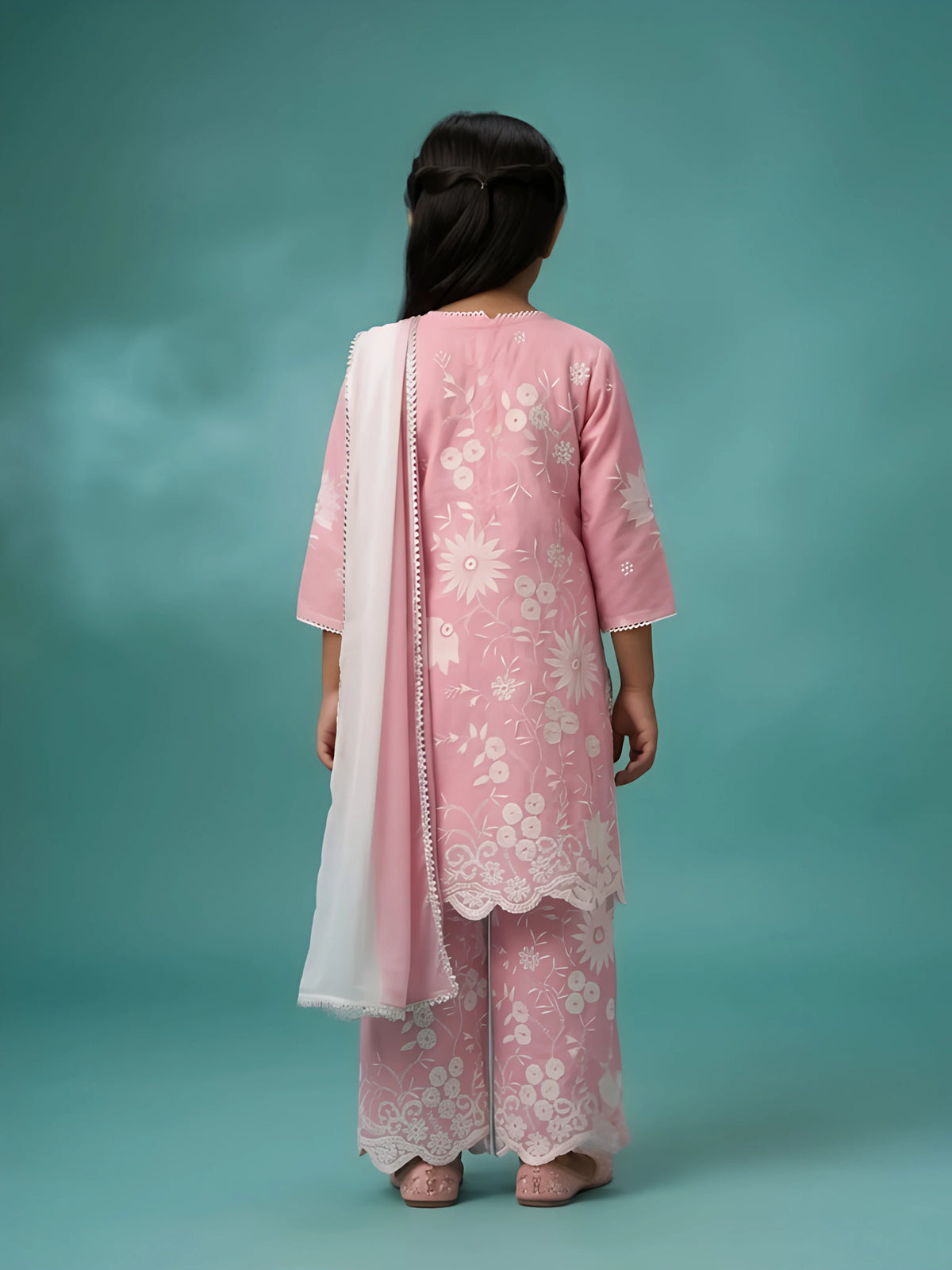 Girls Pink Floral Kurta Palazzo Set with Dupatta.