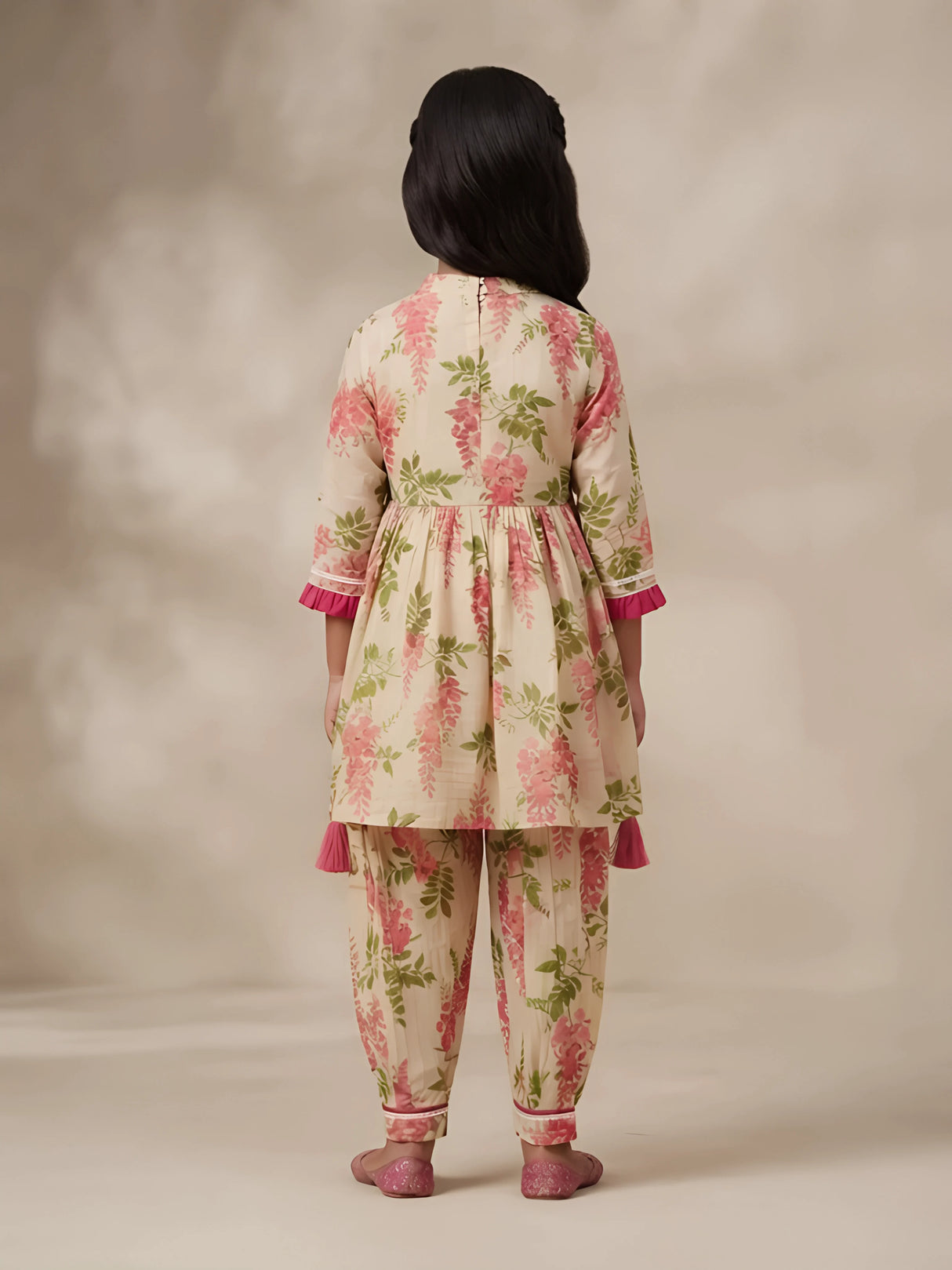 Girls Pink Floral Print Kurti with Patiyala Suit Set