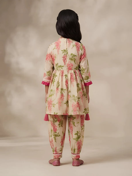 Girls Pink Floral Print Kurti with Patiyala Suit Set.