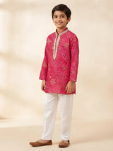 Boys rani bandhani print kurta pajama set with gold neck embroidery