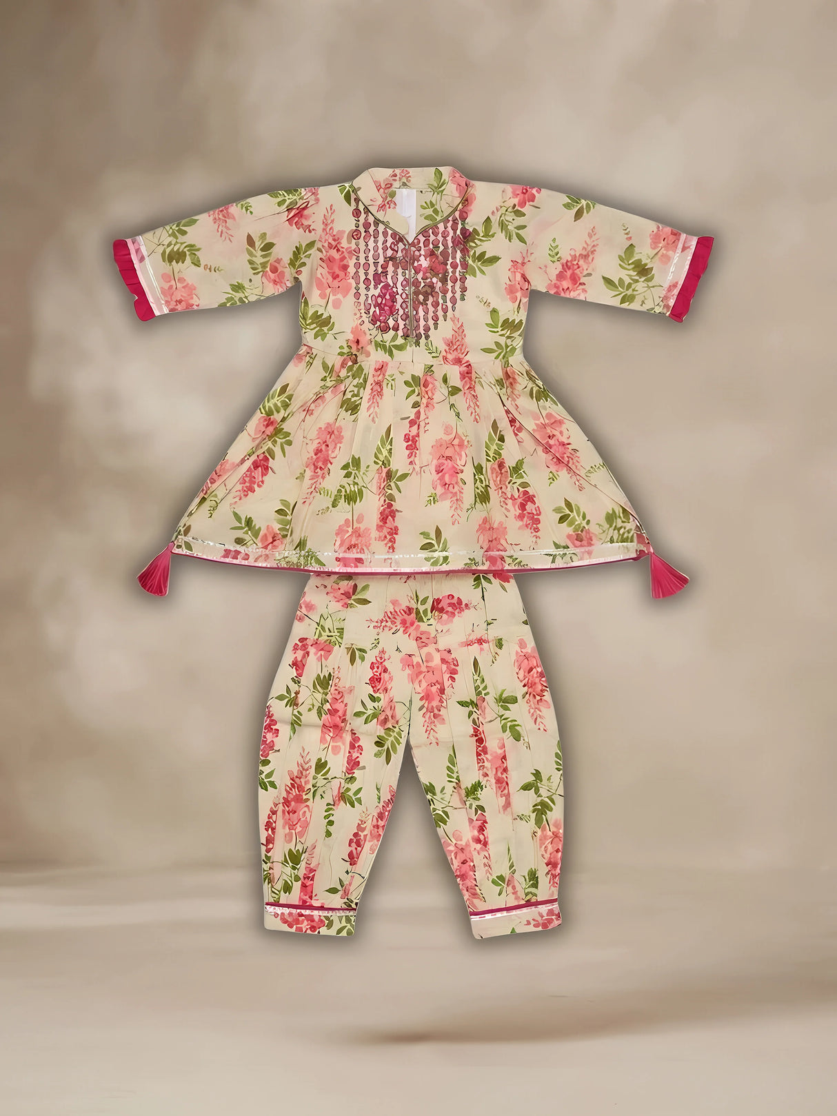 Girls Pink Floral Print Kurti with Patiyala Suit Set
